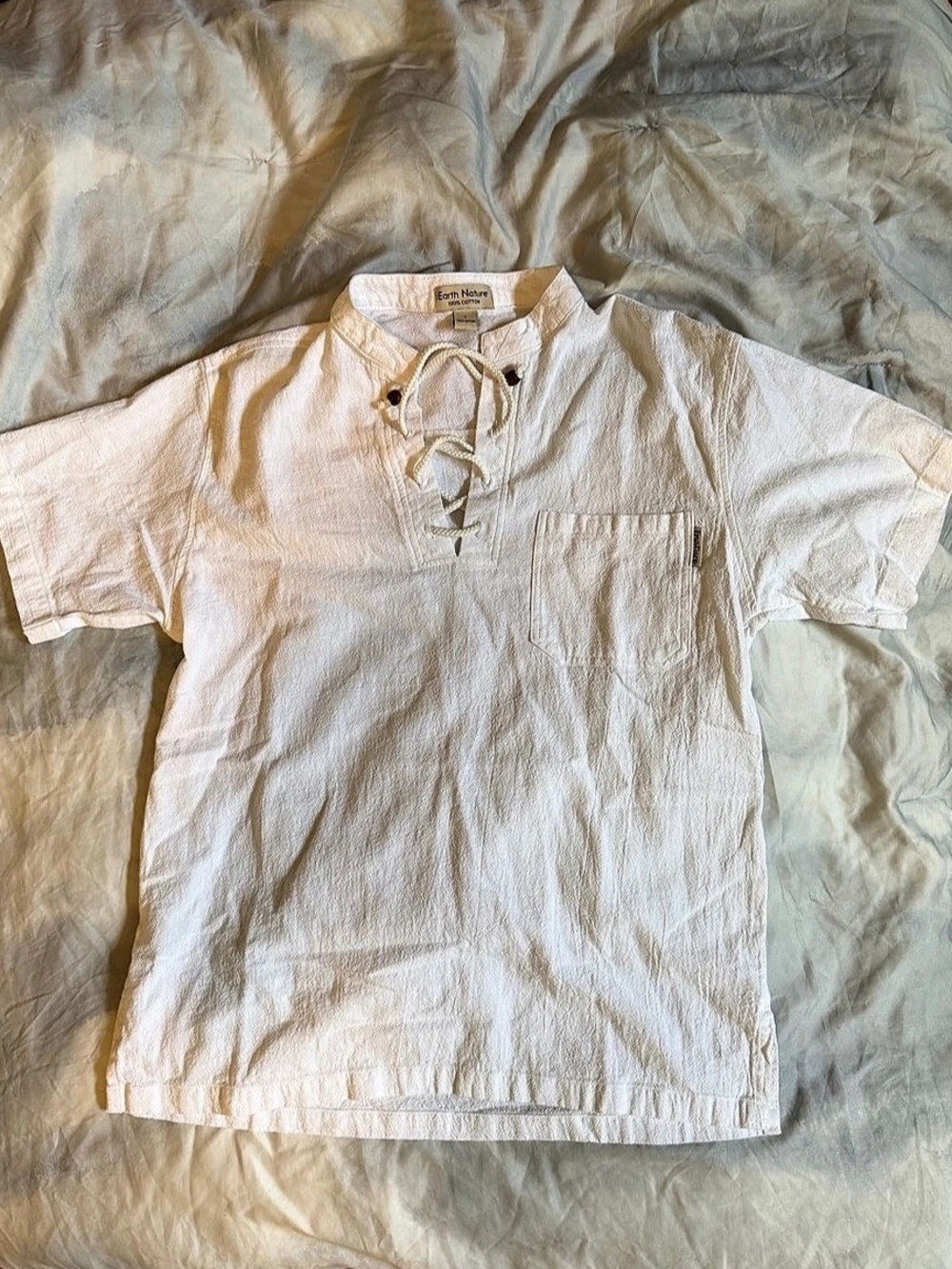 Earth Nature White 100% Cotton Lace Up Shirt Men’s Large